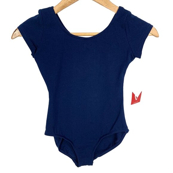 Capezio Child’s Large Cap Sleeve Scoop Neck Leotard CC400C Navy Blue Lined - Picture 1 of 10